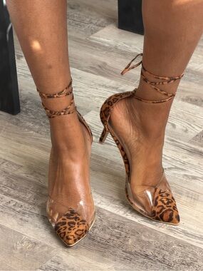 Leopard Print Pointed Stiletto Heels with Clear Panels - Brown